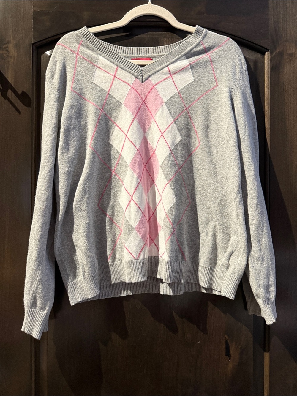 Van Heusen Light Gray and Pink Argyle V-Neck Sweater